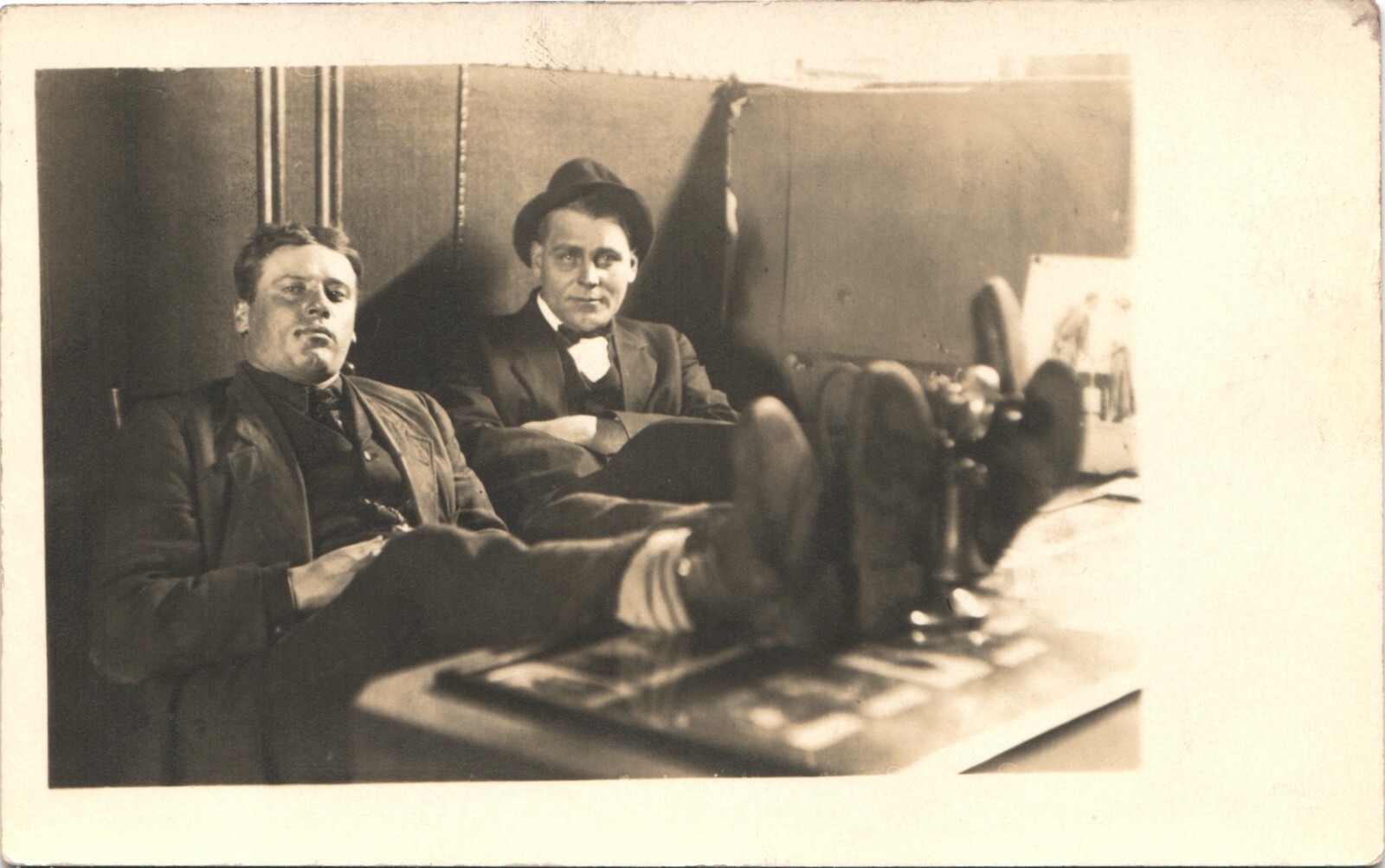 GREAT SHOT TWO BUDDIES real photo postcard c1910 FUNNY CANDID POSE RPPC train GREAT SHOT TWO BUDDIES real photo postcard c1910 FUNNY CANDID POSE RPPC train