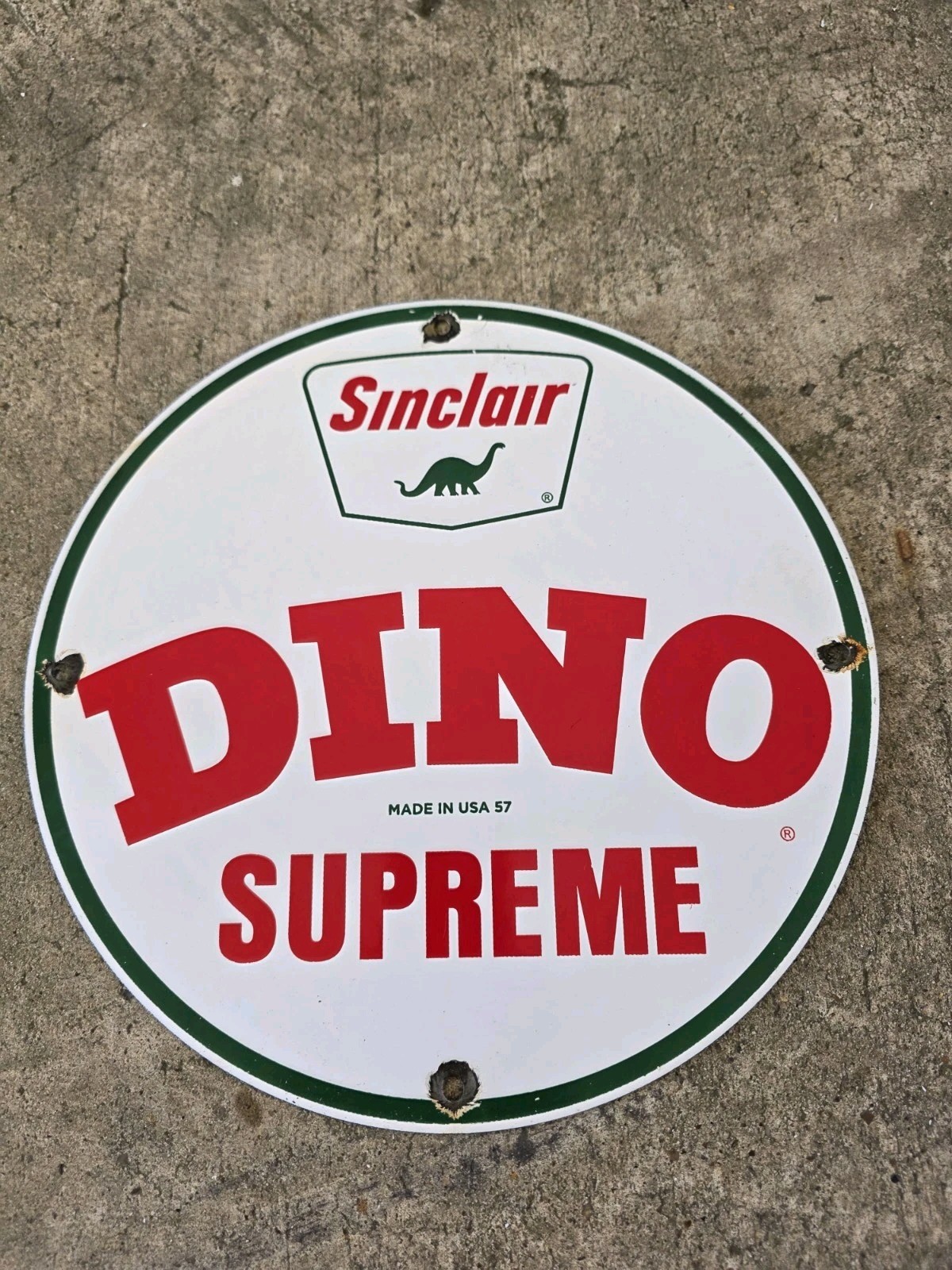 VINTAGE 1957 SINCLAIR DINO SUPREME GAS STATION PORCELAIN SIGN 12\