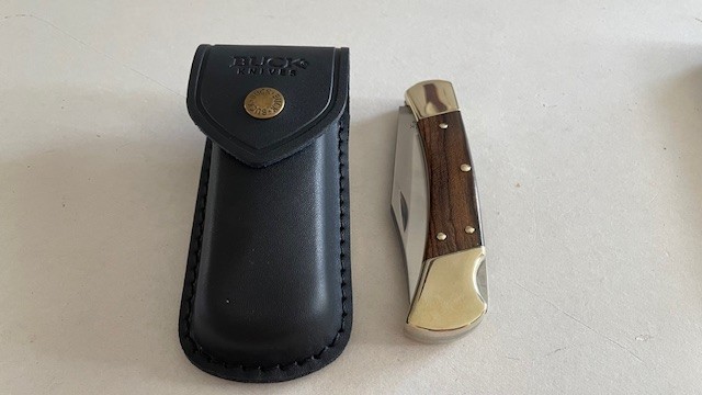 BUCK 110USA Hunting Pocket Knife Lockback Ebony Wood Handle W/Leather Sheath-