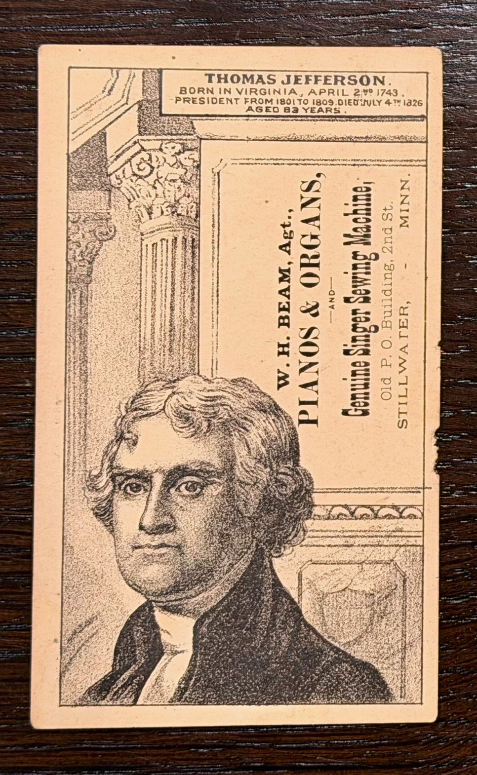 H602 President Thomas Jefferson W. H. BEAM Advertising Card Non-Sport Card