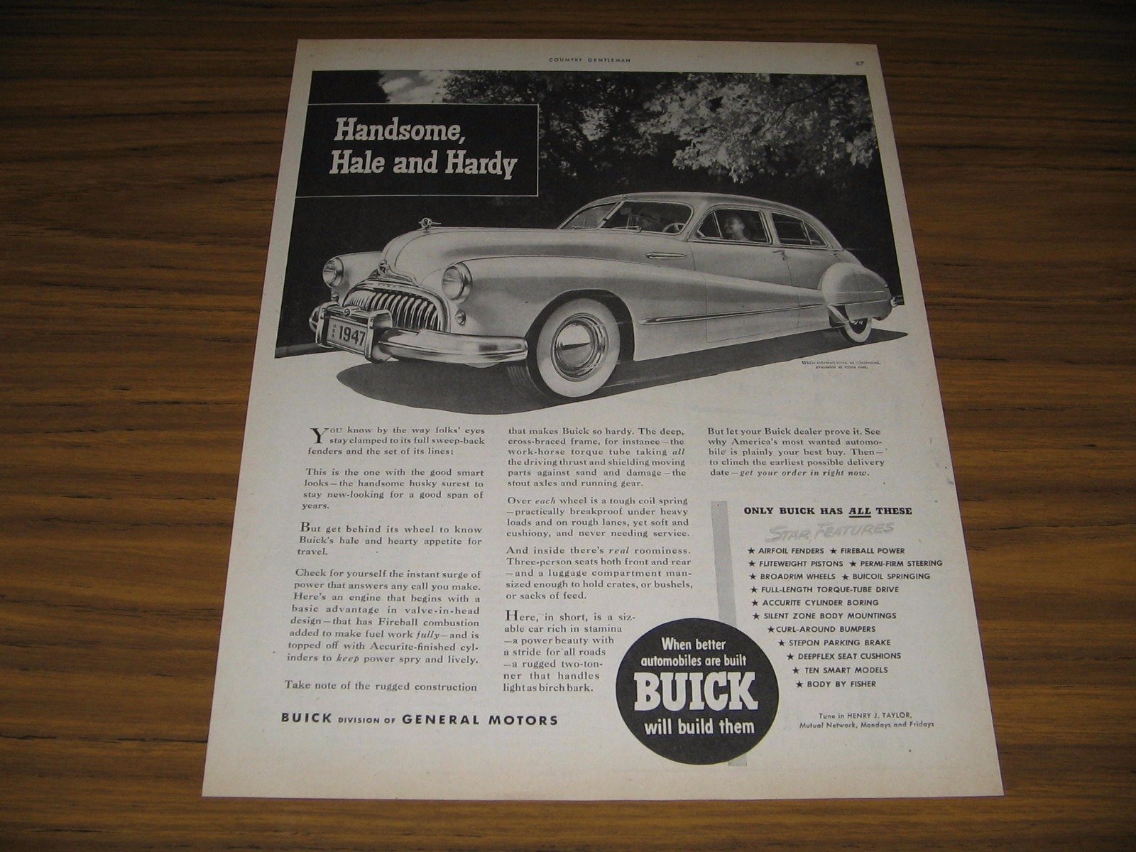1947 Print Ad Buick 4-Door with White Sidewalls Handsome,Hale,Handy