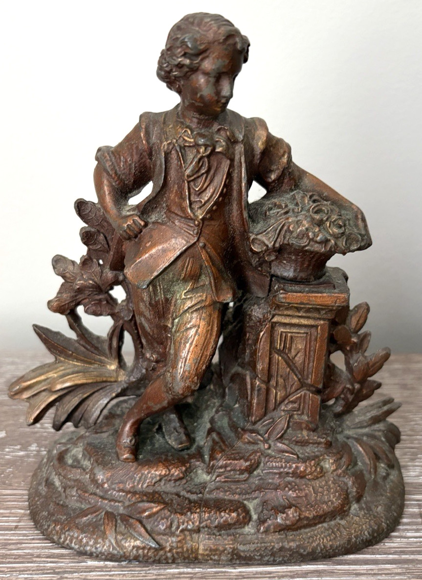 Antique Spelter Figurine Boy Holding Flower Basket Charming Heavy Vintage