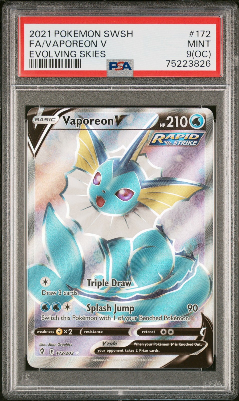 PSA 9 (OC) VAPOREON V 172 POKEMON SWORD & SHIELD EVOLVING SKIES RARE OFF CENTRE