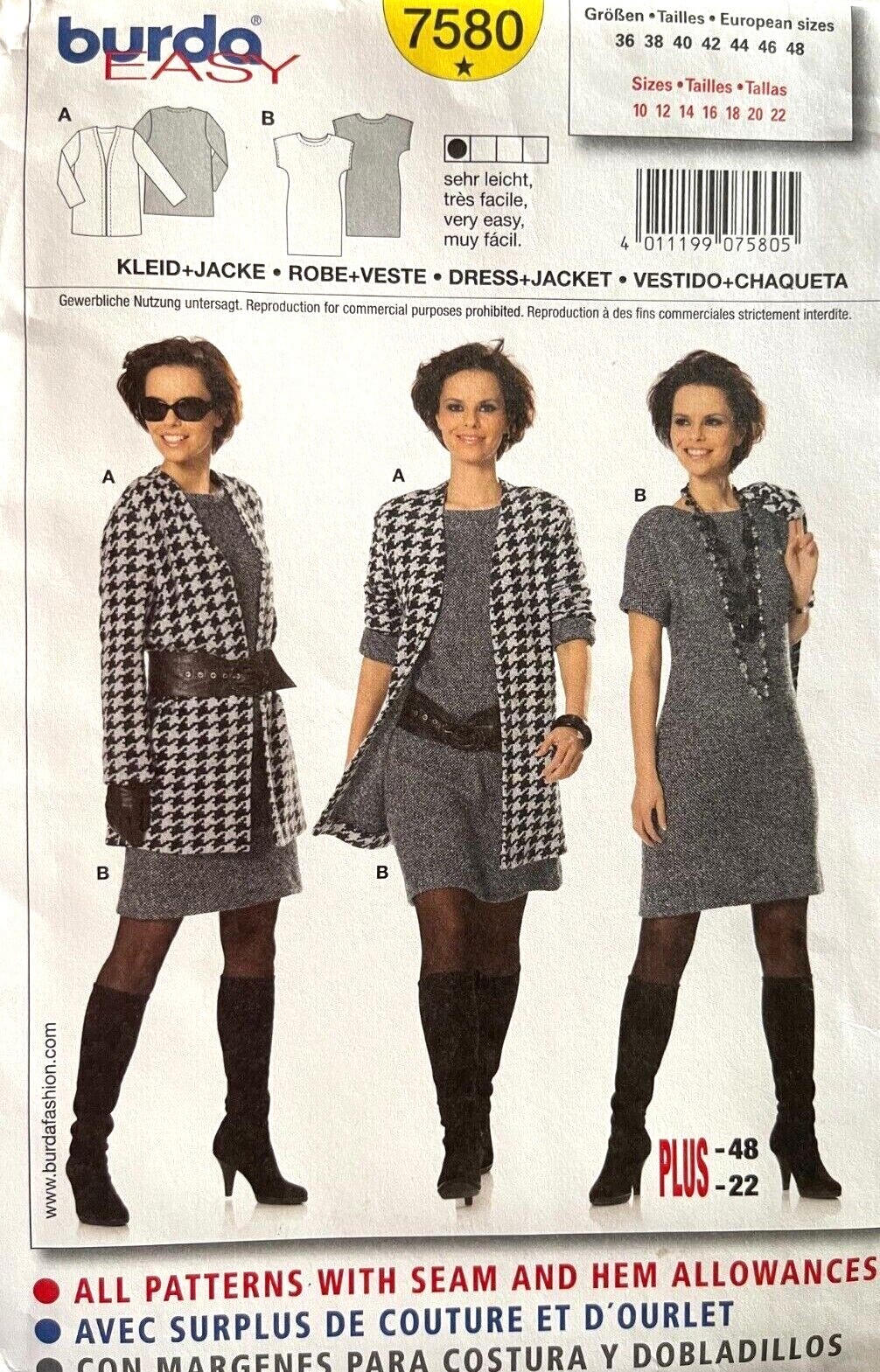 1990\'s Burda Misses\'  Dress and Jacket Pattern 7580 Size 10-22 UNCUT
