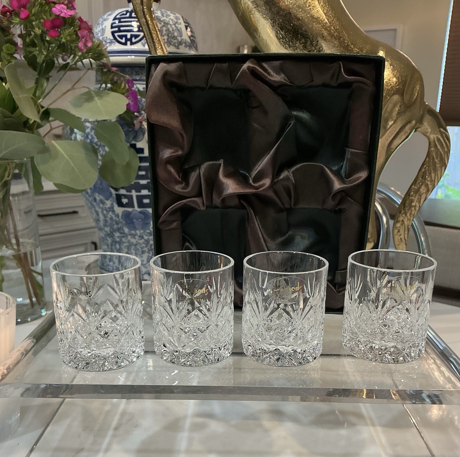 VTG-Harrods Knightsbridge England  Hand Cut Lead Crystal 4 Shot Glass NO Box Lid