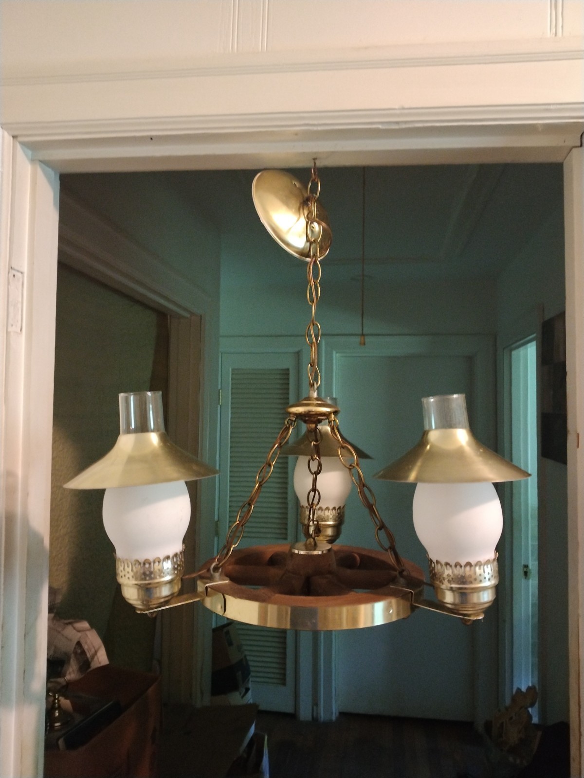 Vintage Wooden Wagon Wheel And Brass Three Light Chandelier With Frosted Shades