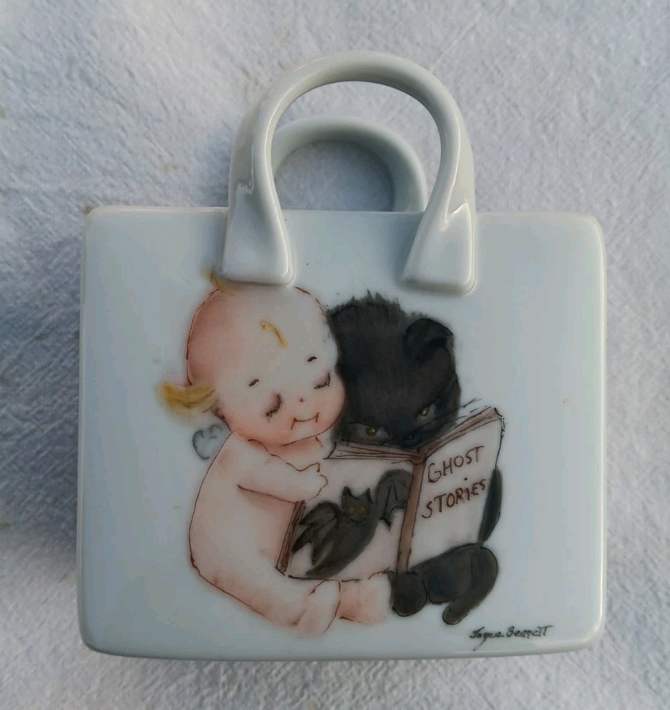 Vtg Hand Painted Porcelain Trinket Box Kewpie Black Cat Ghost Stories Halloween