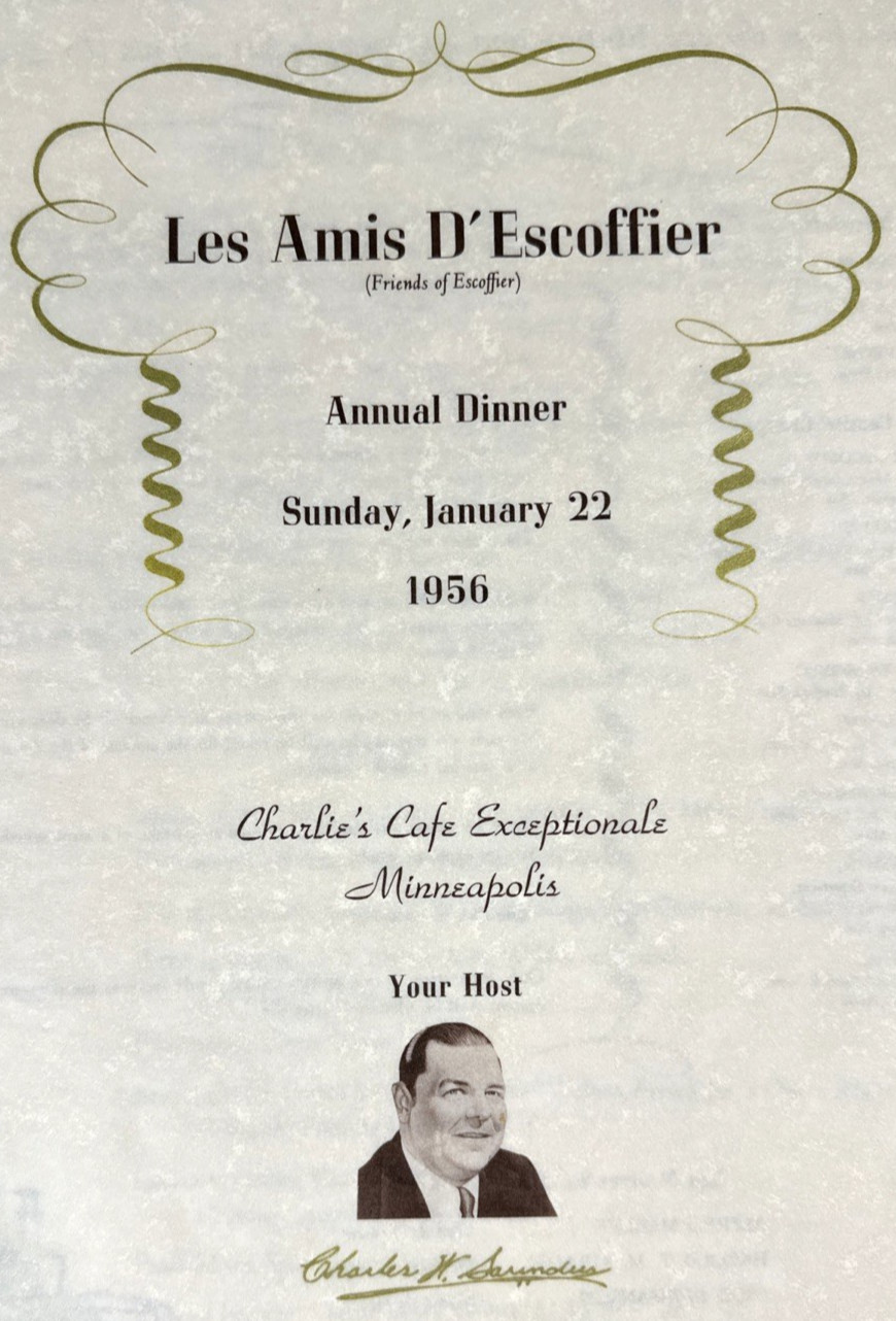 1956 Les Amis D\'Escoffier Menu at Charlie\'s Cafe Exceptionale MN, Free Shp