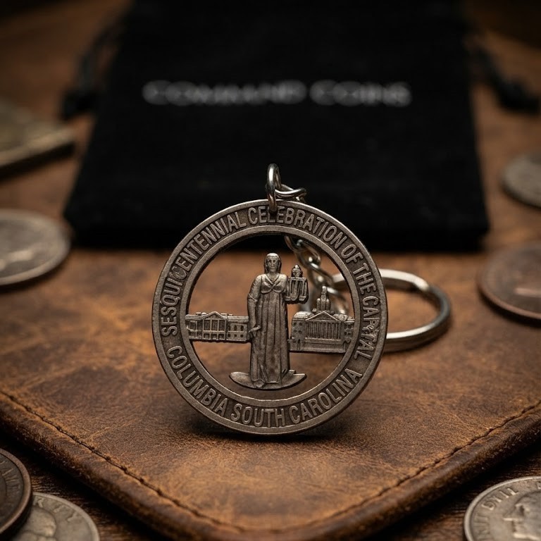 1936 Cut Coin Half Dollar Keychain Columbia South Carolina 150th Anniversary
