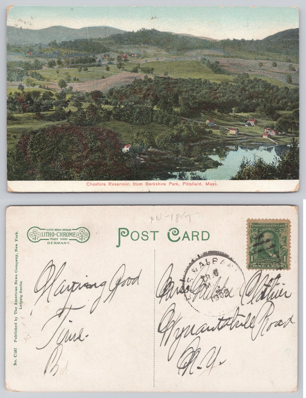 Cheshire Reservoir Berkshire Park Pittsfield Mass. 1908 Litho-Chrome Postcard