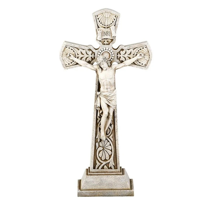 Garden Crucifix Cross Stone Resin 23.5 Inch Religious Outdoor Statue Decor