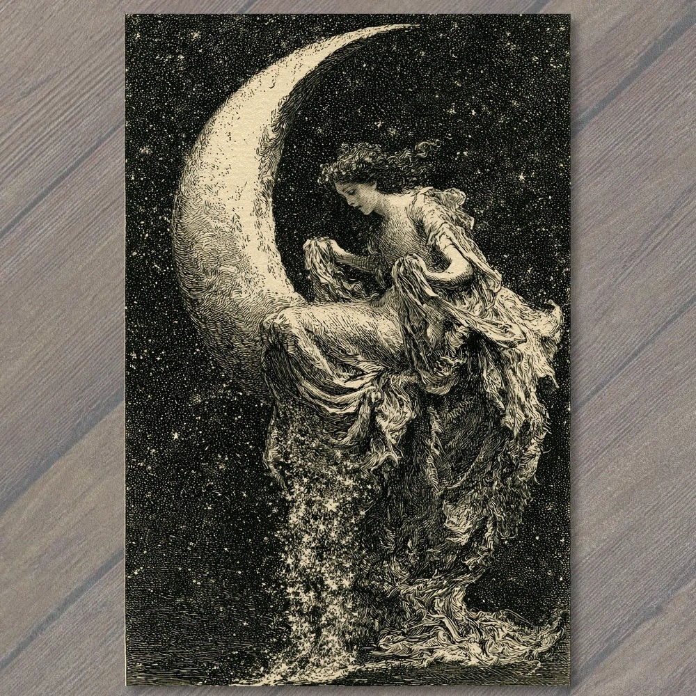 POSTCARD Crescent Moon Goddess Woman Starry Night Celestial Fantasy Black White POSTCARD Crescent Moon Goddess Woman Starry Night Celestial Fantasy Black White