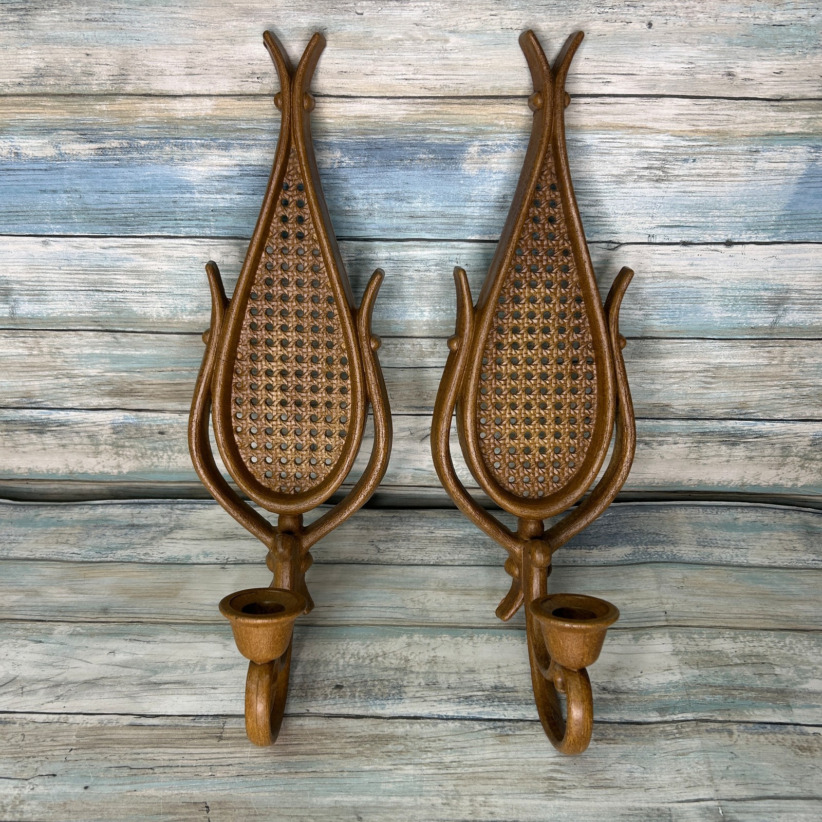 Homco Faux Rattan Wicker Teardrop Wall Sconce Candle Holders #4226 Boho Set