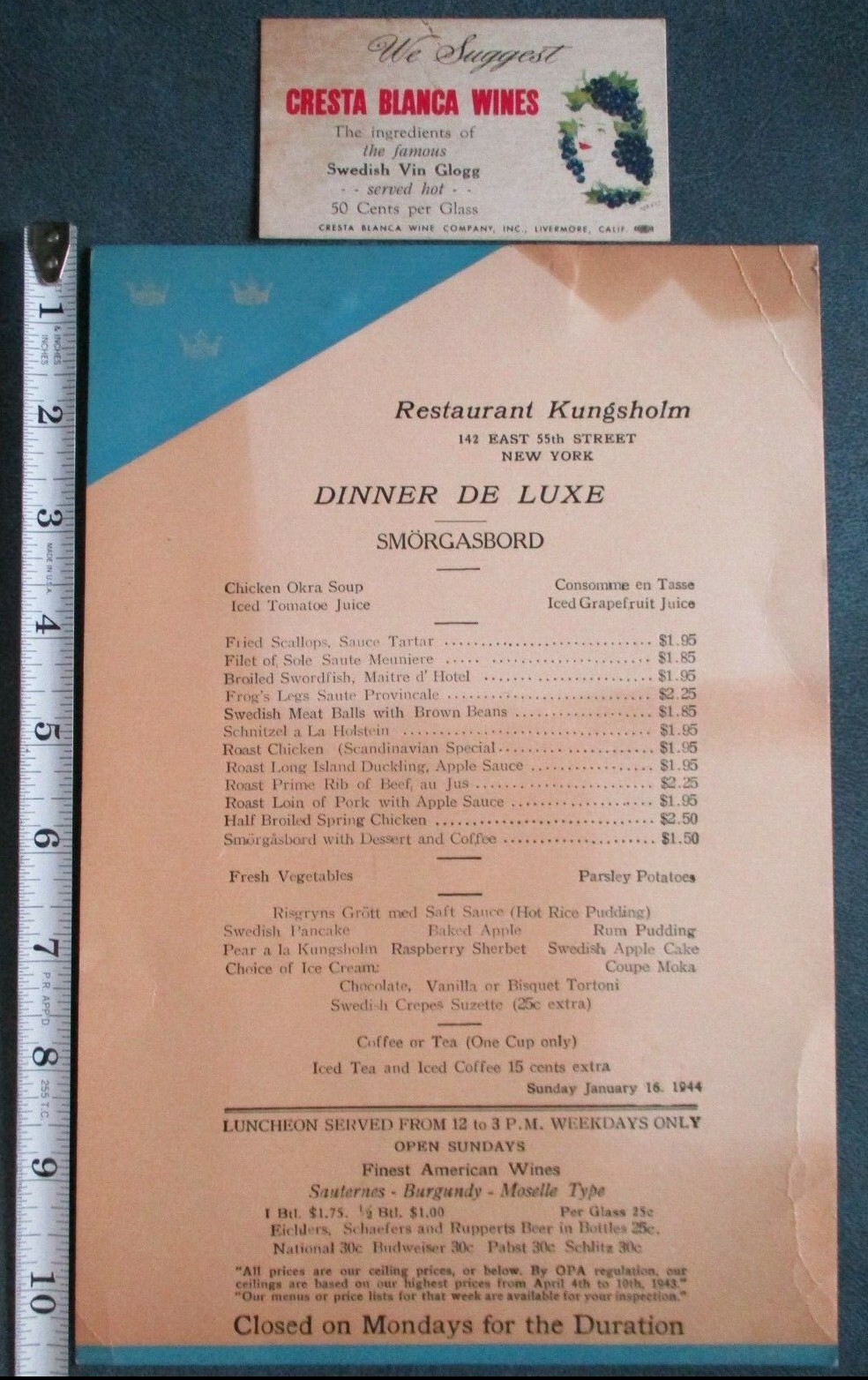 1944 Restaurant Kungsholm MENU 142 E.55th St NYC + Cresta Blanca Wines Card Cali