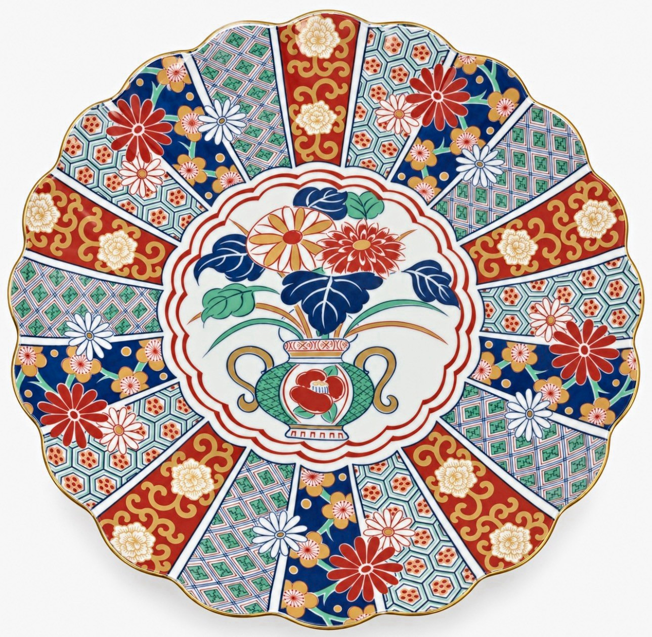 Vintage Arita Imari Fan 12” Scalloped Serving Platter Japan Porcelain