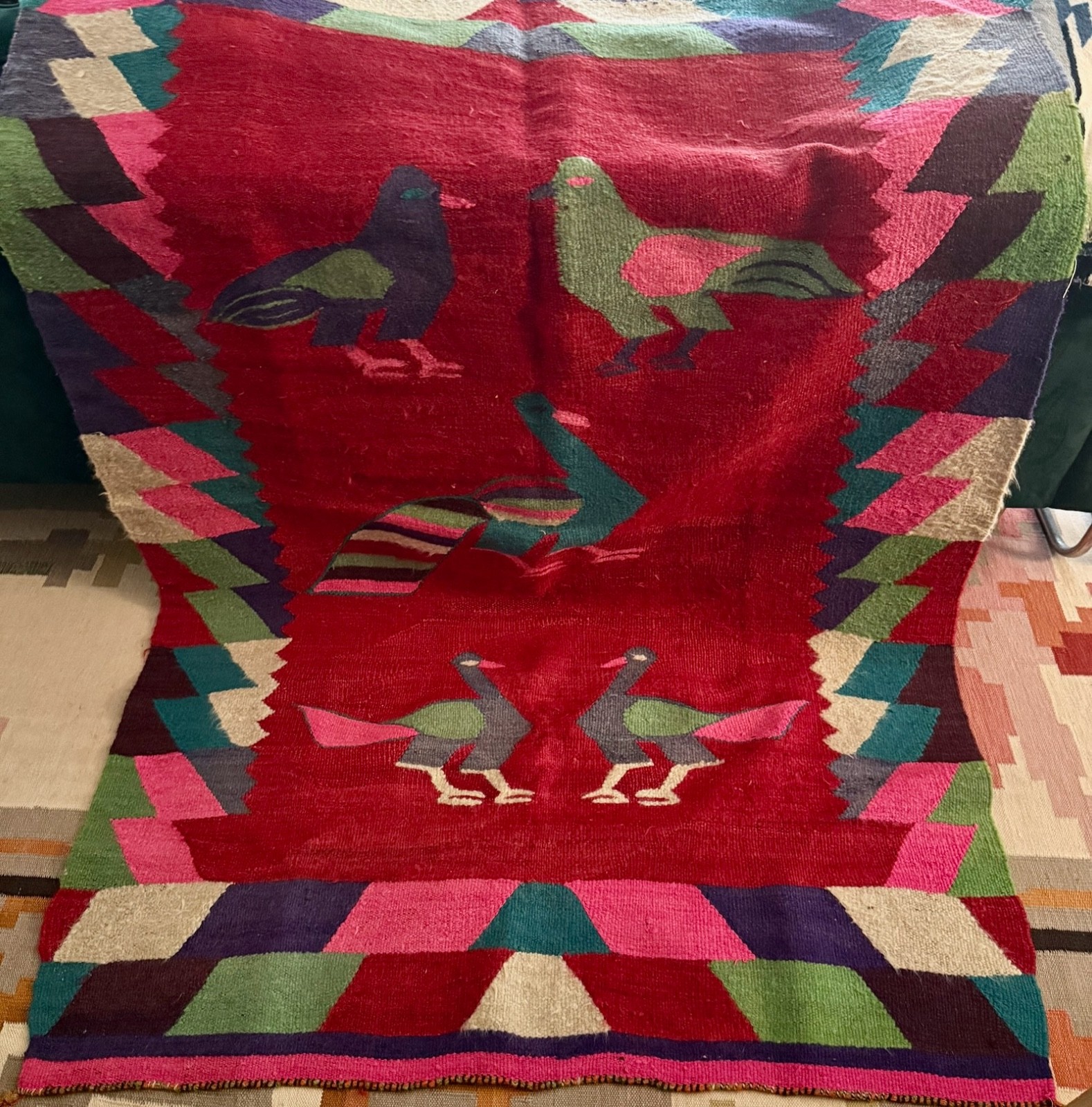 VTG Colorful Mexican Zapotec Kilim Bird Heavy Wool Tapestry Rug 48x71 Folk Art