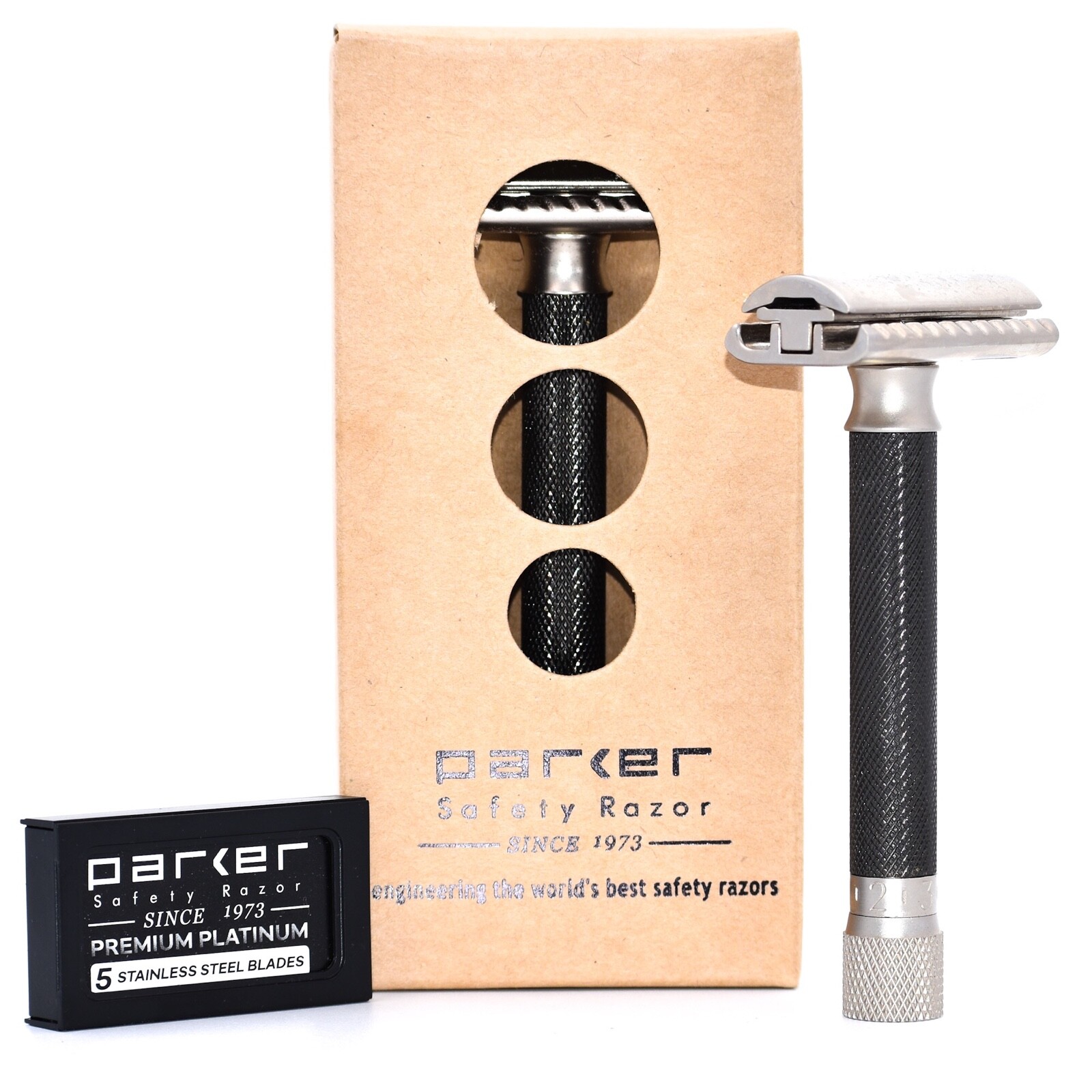 Parker Variant ADJUSTABLE Safety Razor & 5 Double Edge Blades - Graphite Finish