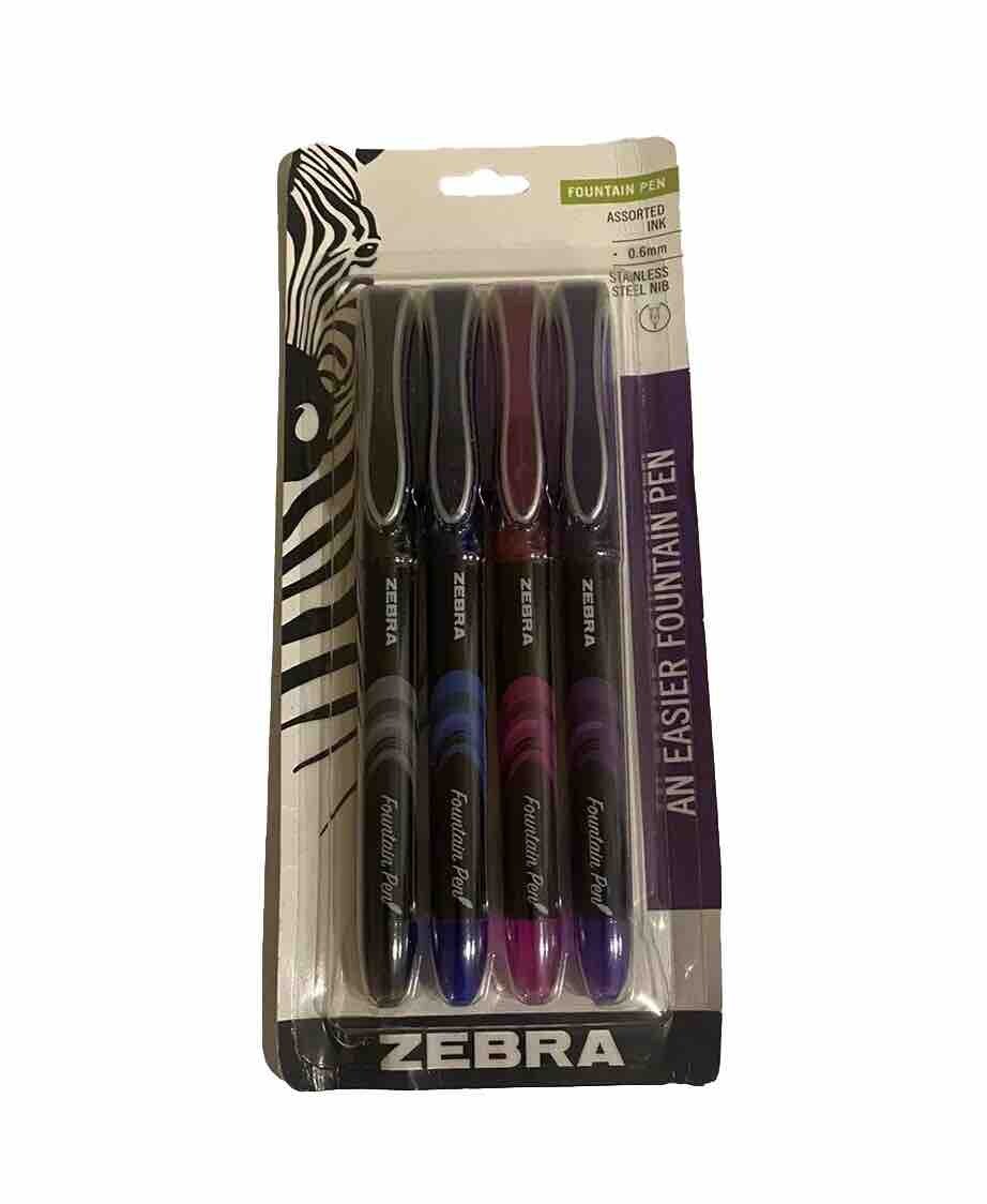 Zebra Pen Fountain Pen Set, Fine Point 0.6mm, Assorted 4 Colors Non-Toxic Ink,
