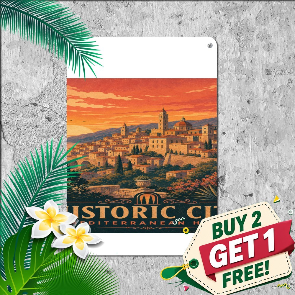 Historic Spanish Cityscape Sunset Tin Sign Moorish Architecture Metal Plaque