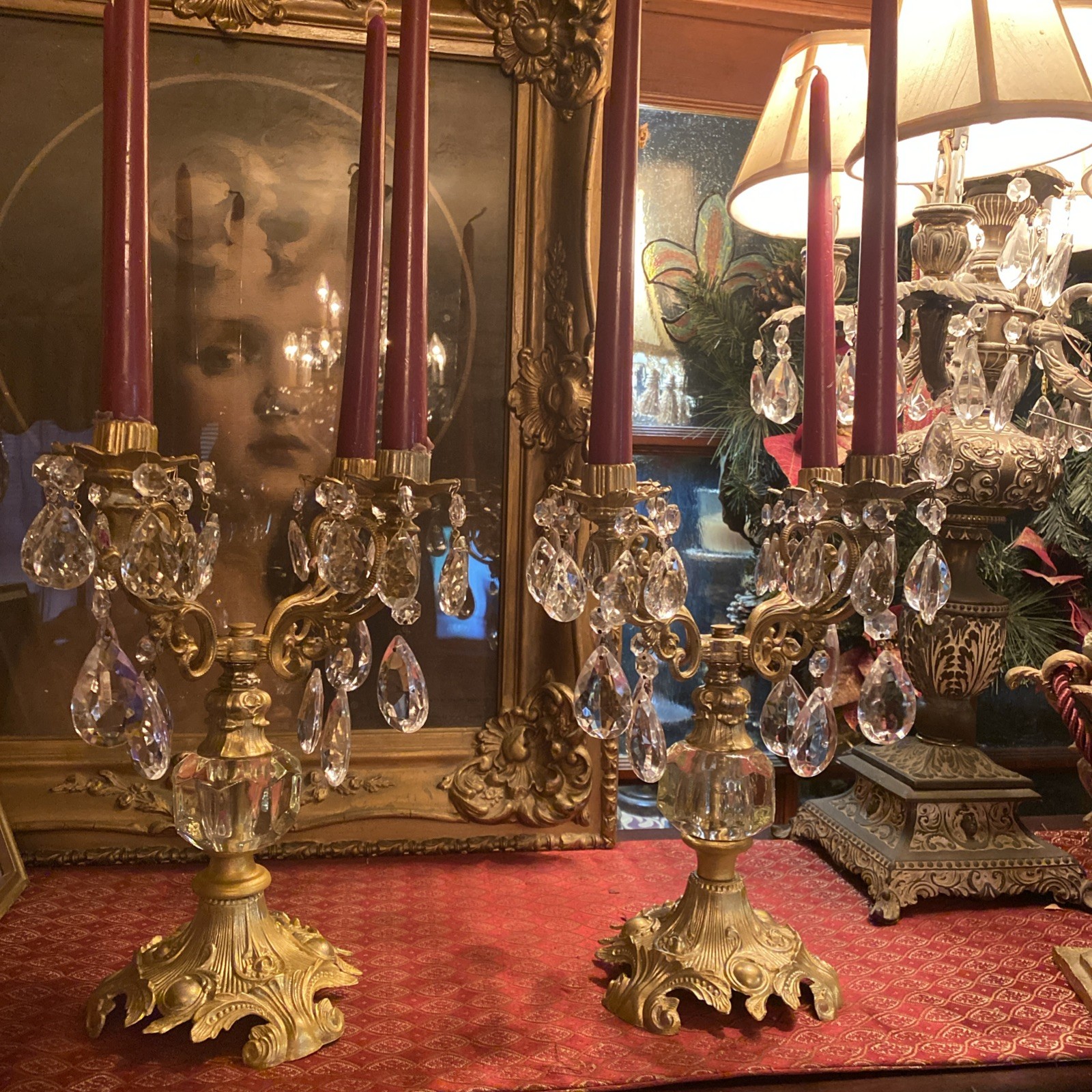 Vintage PAIR Brass 4 Arm Hollywood Regency Candelabras- Prisms- Gorgeous