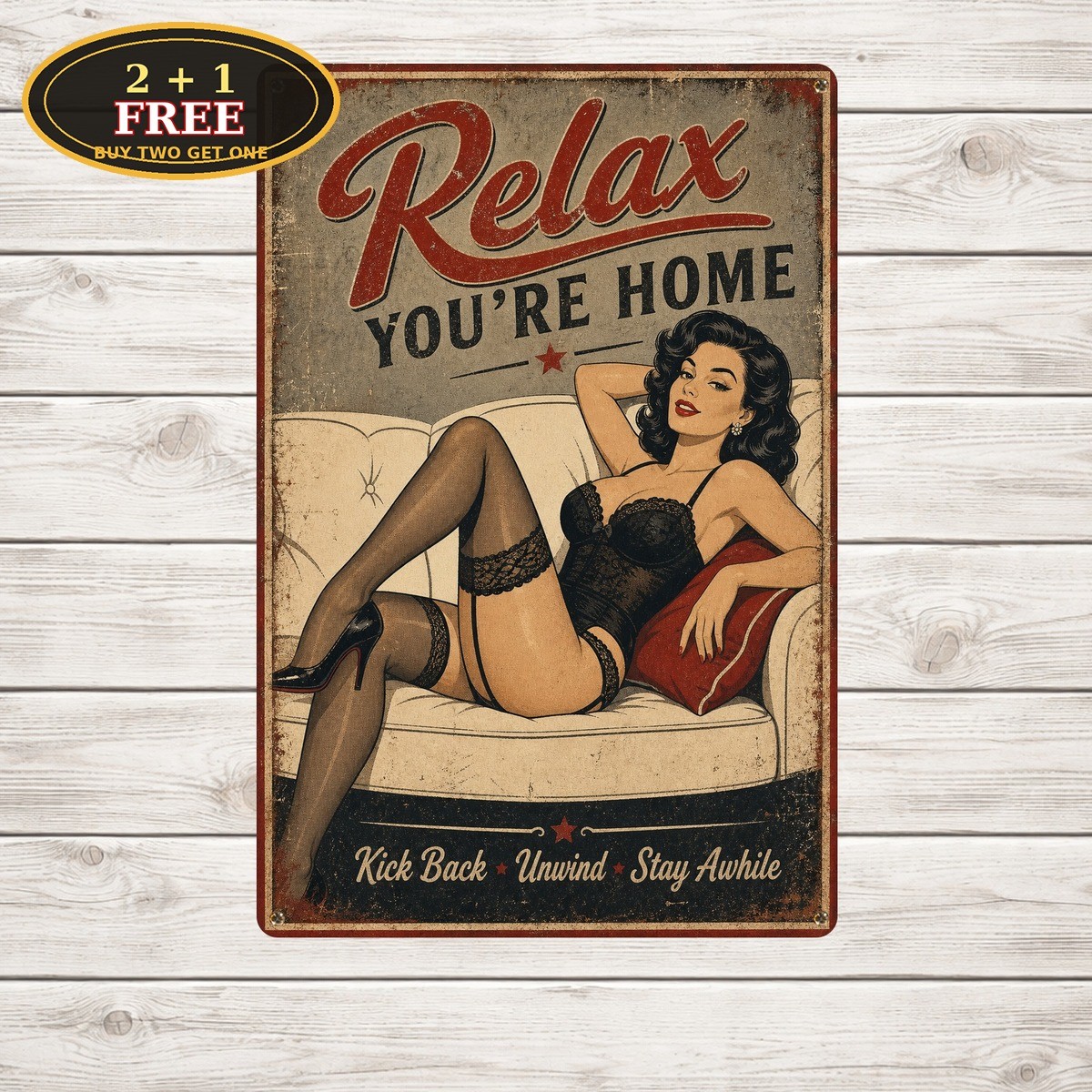 Sexy Pinup Girl Relaxing On Couch Vintage Lounge Art Metal Tin Sign Wall Decor