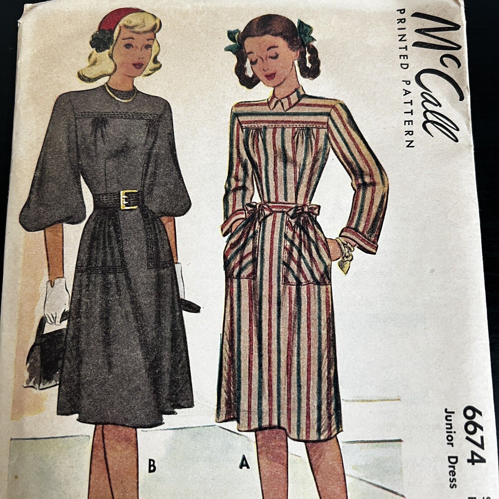 Vintage 1940s McCalls 6674 Juniors Belted Dress Pockets Sewing Pattern 15 UNCUT