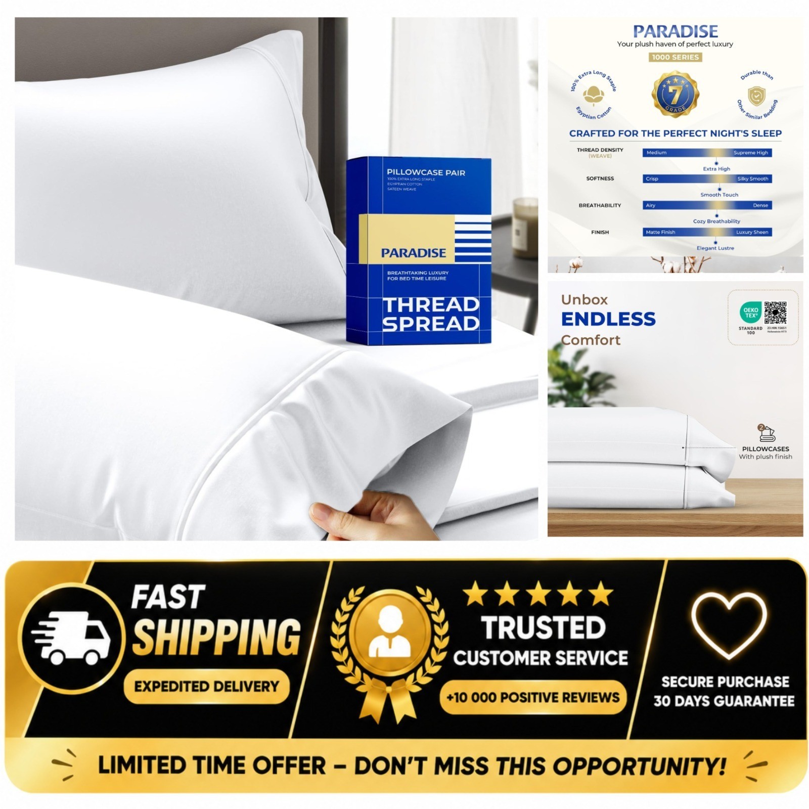 THREAD SPREAD Egyptian Cotton Pillowcases Queen Set of 2 White 1000 Series