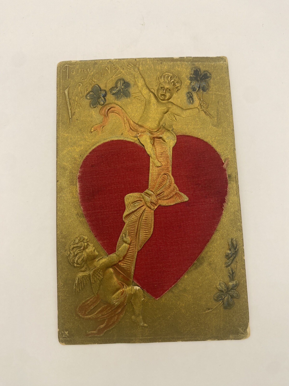 Antique Gold Embossed Valentine Postcard Heart 1900s Cherub