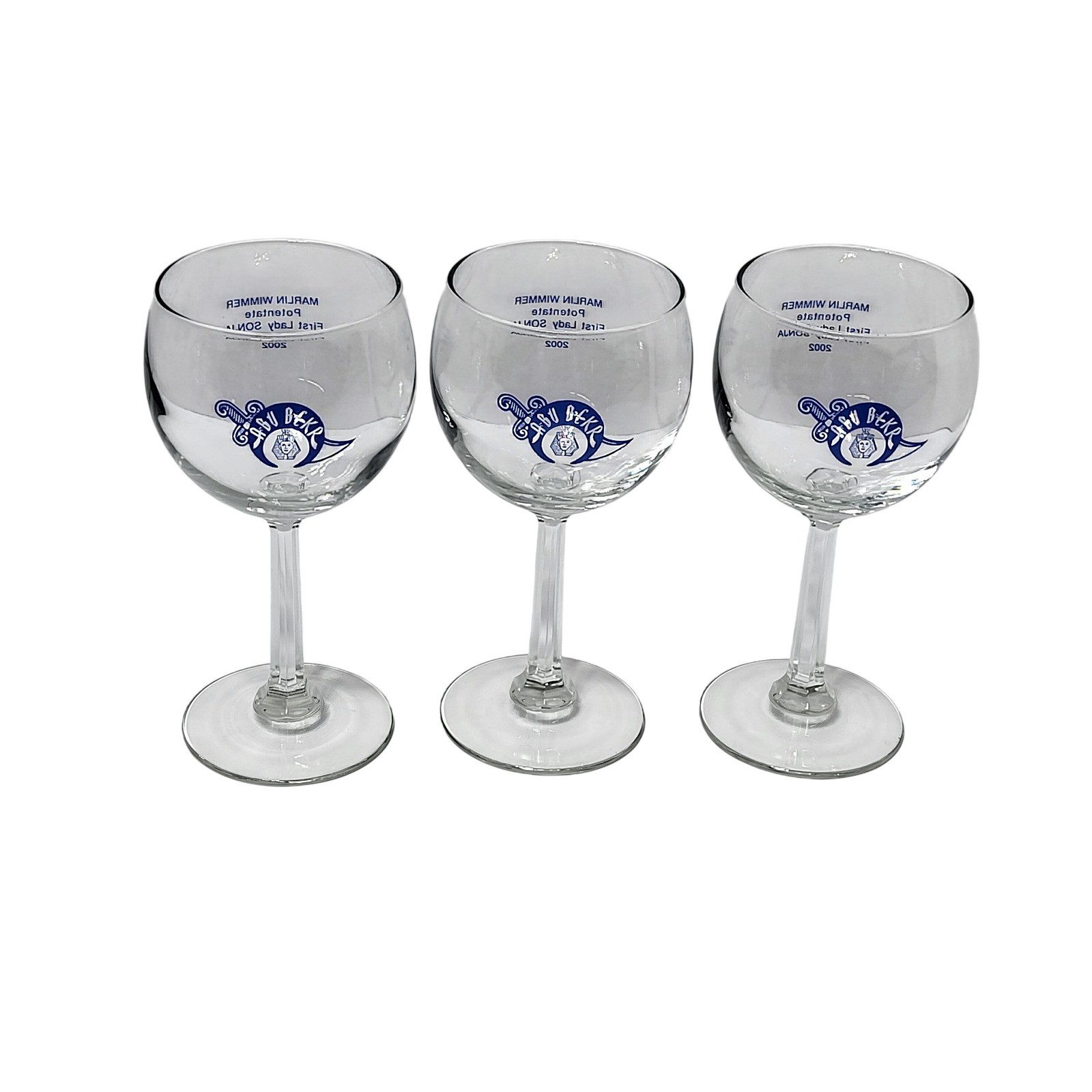 Vintage Abu Bekr Shriners 2002 Potentate Wine Glasses Set of 3 Blue Clear 6 3/8\