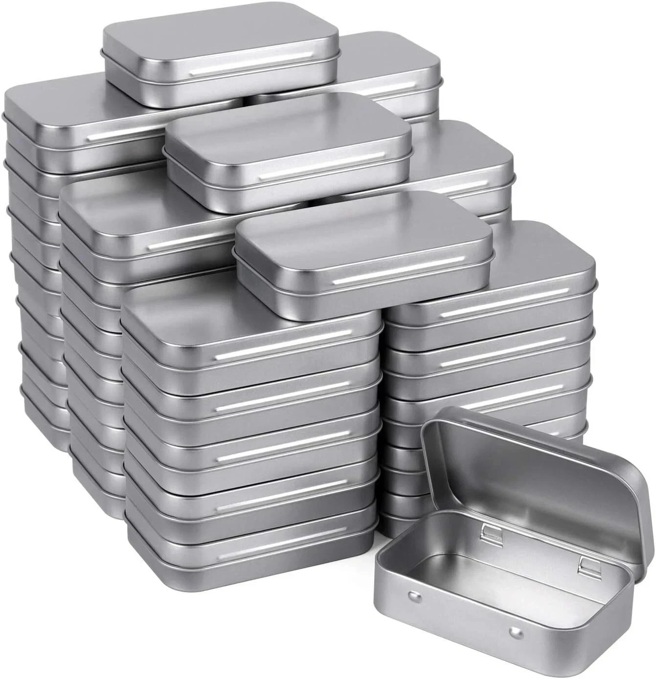 40 Pack Metal Rectangular Empty Hinged Tins, Silver Mini Portable Box Containers