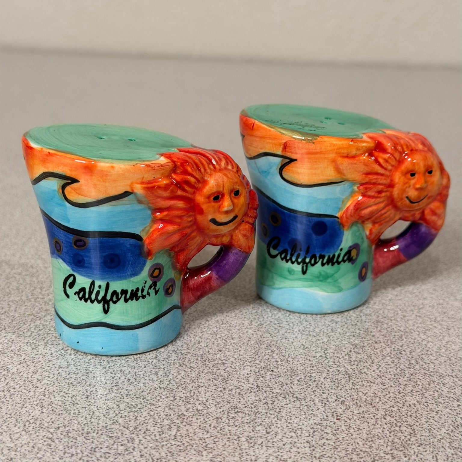 California Souvenir Salt & Pepper Shakers Ceramic Hand Painted Figural Sun Vtg