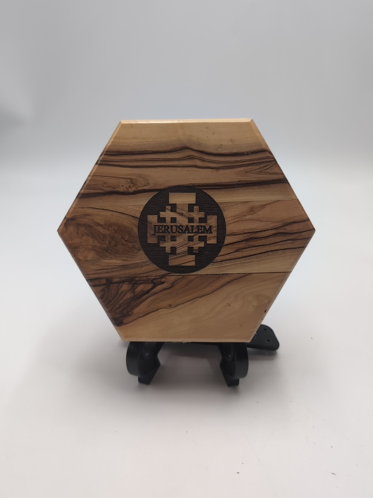 Hexagon Wooden Trinket Box Hand Carved Cross Medallion For Rosary Beads Handmade
