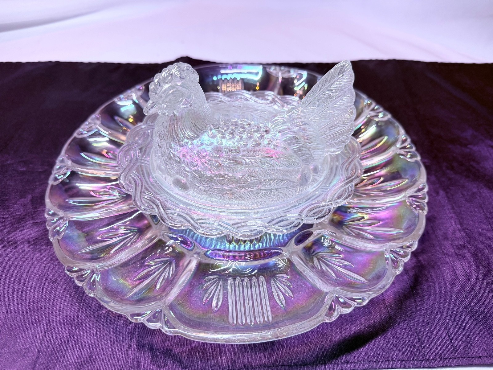 Mosser Glass Iridescent Hen on Nest with Federal Borealis Egg Plate