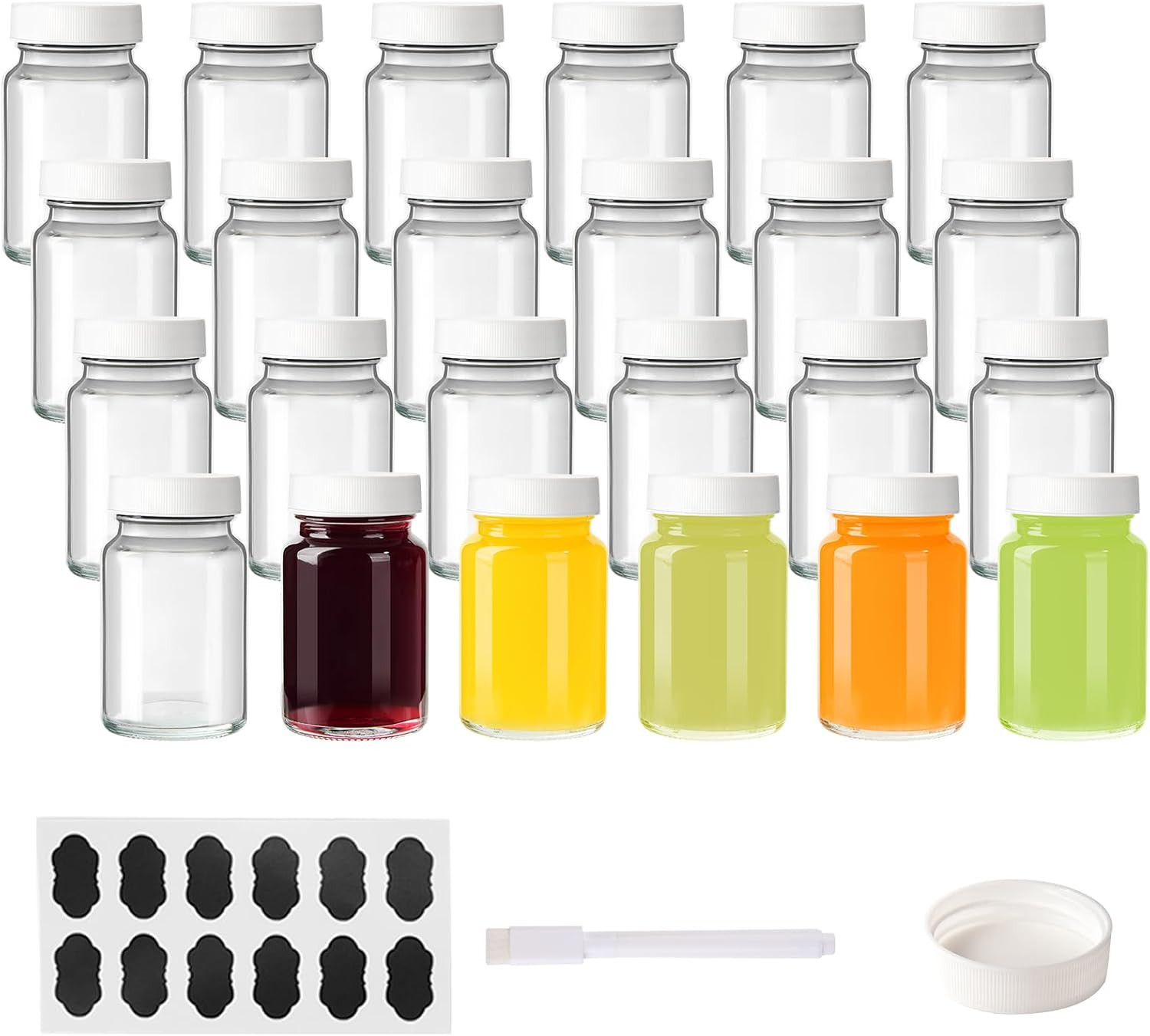 24 Pack 2 Oz Reusable Small Glass Bottles with Lids for Juicing