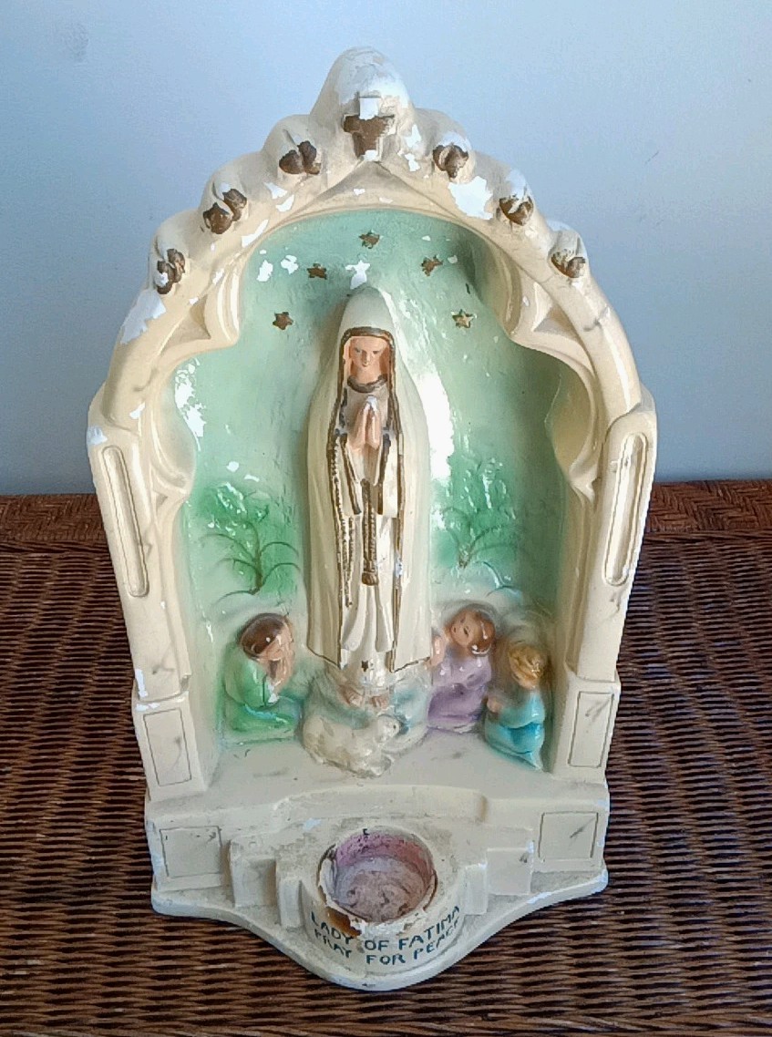 Chalkware Vtg RIDICULOUSLY RARE Mid-cen LADY OF FATIMA PRAY FOR PEACE GROTTO 16
