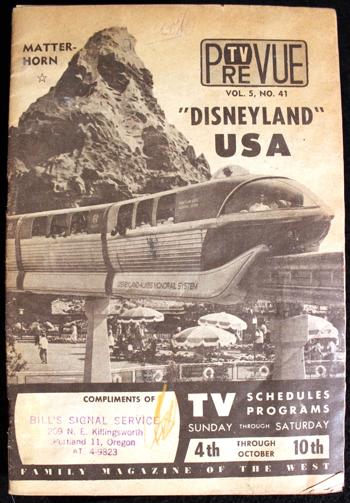 Disneyland USA 1959 Vintage TV Prevue Magazine MATTERHORN Portland Walt DIsney