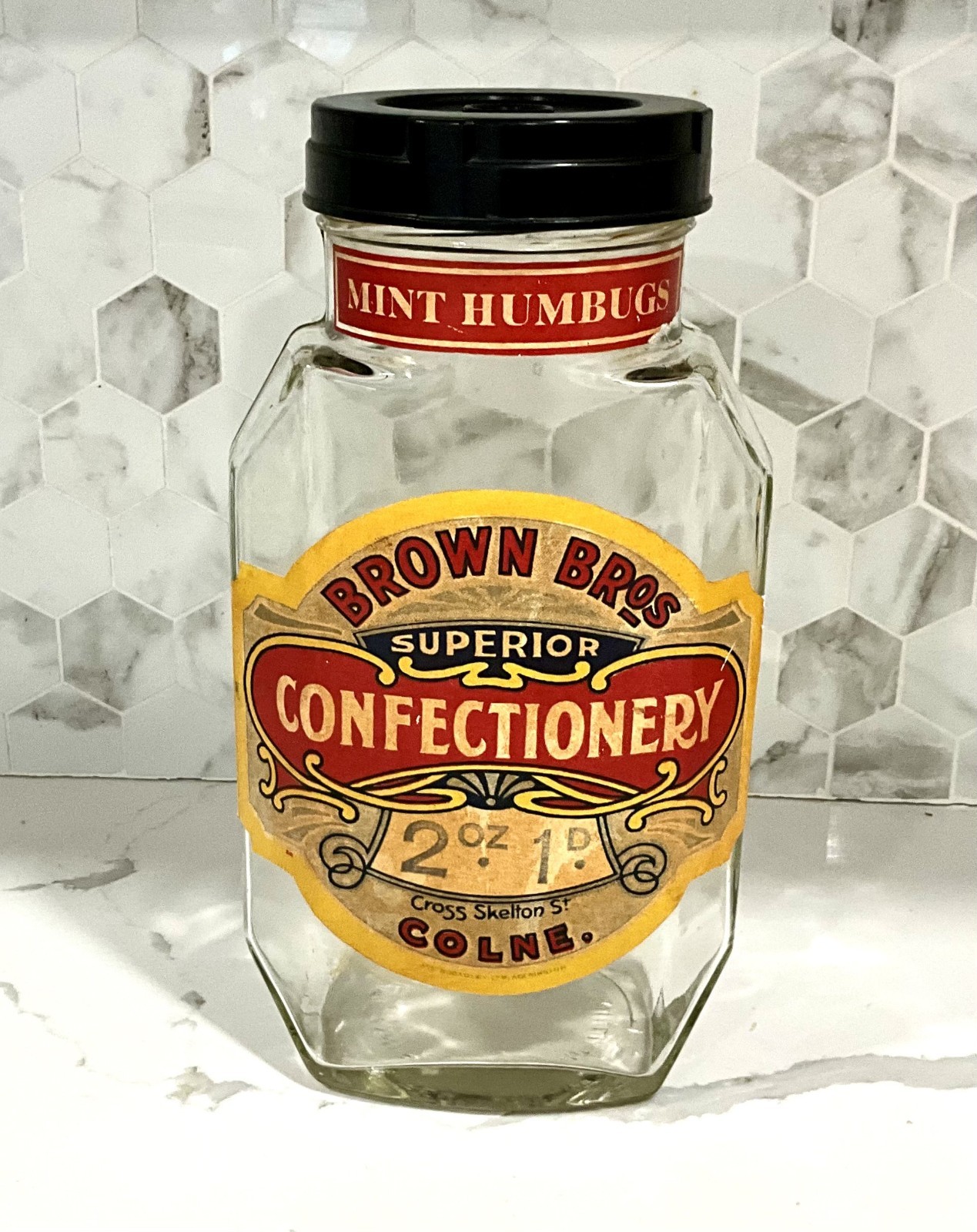 Vintage Brown Bros Mint Humbugs Confectionery Glass Shop Jar Early 20TH C 11\'