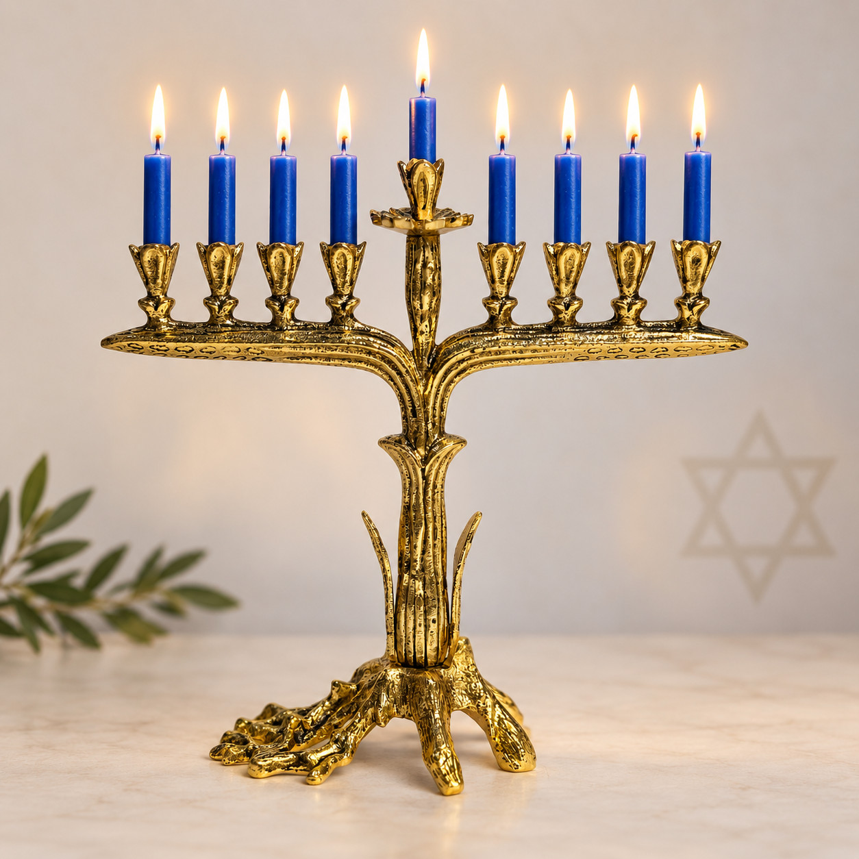 Antique gold finish hanukkiah menorah | oil cups are included