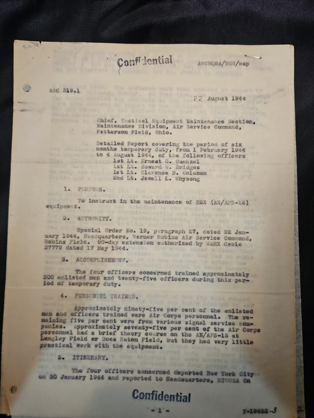 6 Pages Of Confidential World War II military dated August 22, 1944,  Airforce 