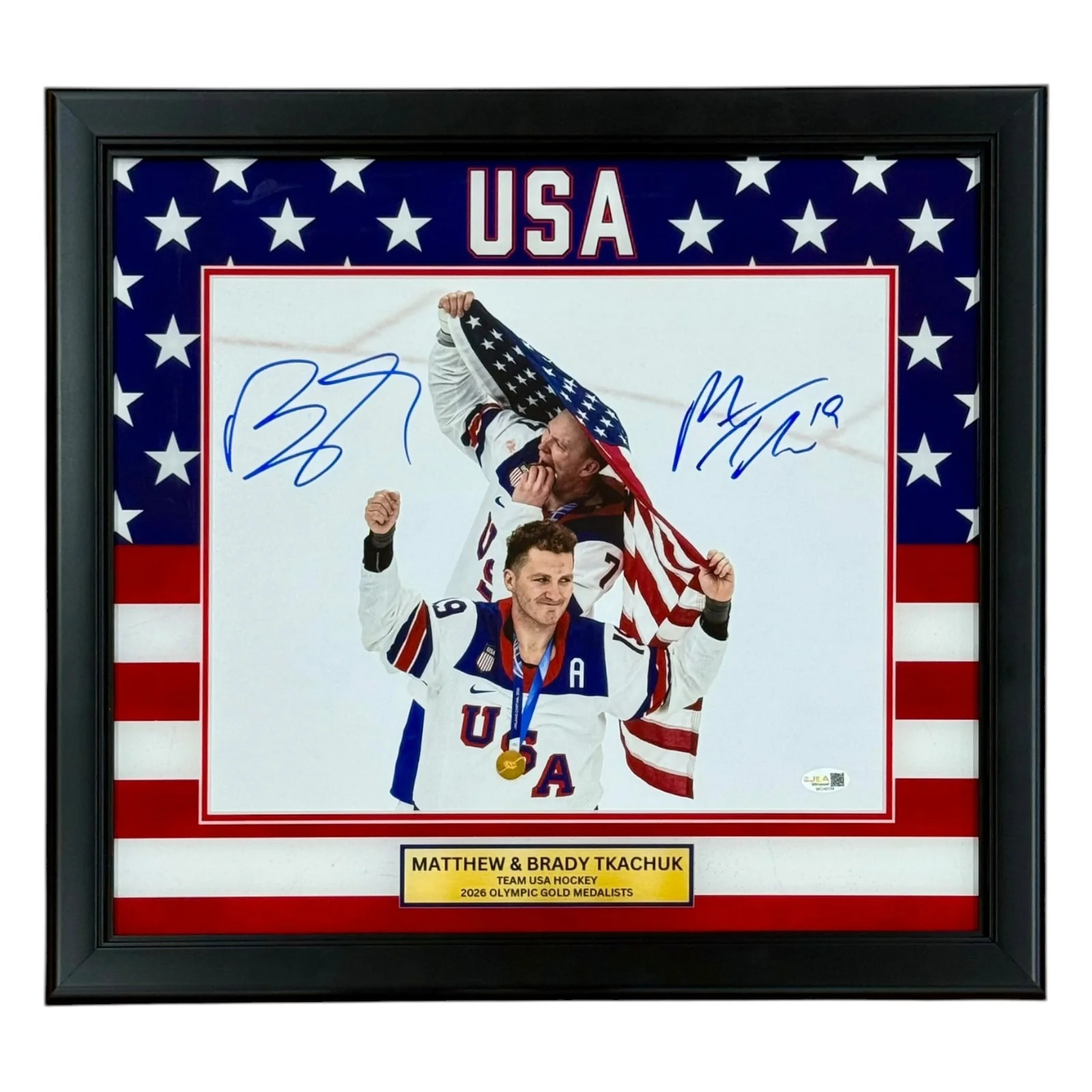 Matthew Tkachuk & Brady Tkachuk Autographed Deluxe Framed Team USA Olympic Gold