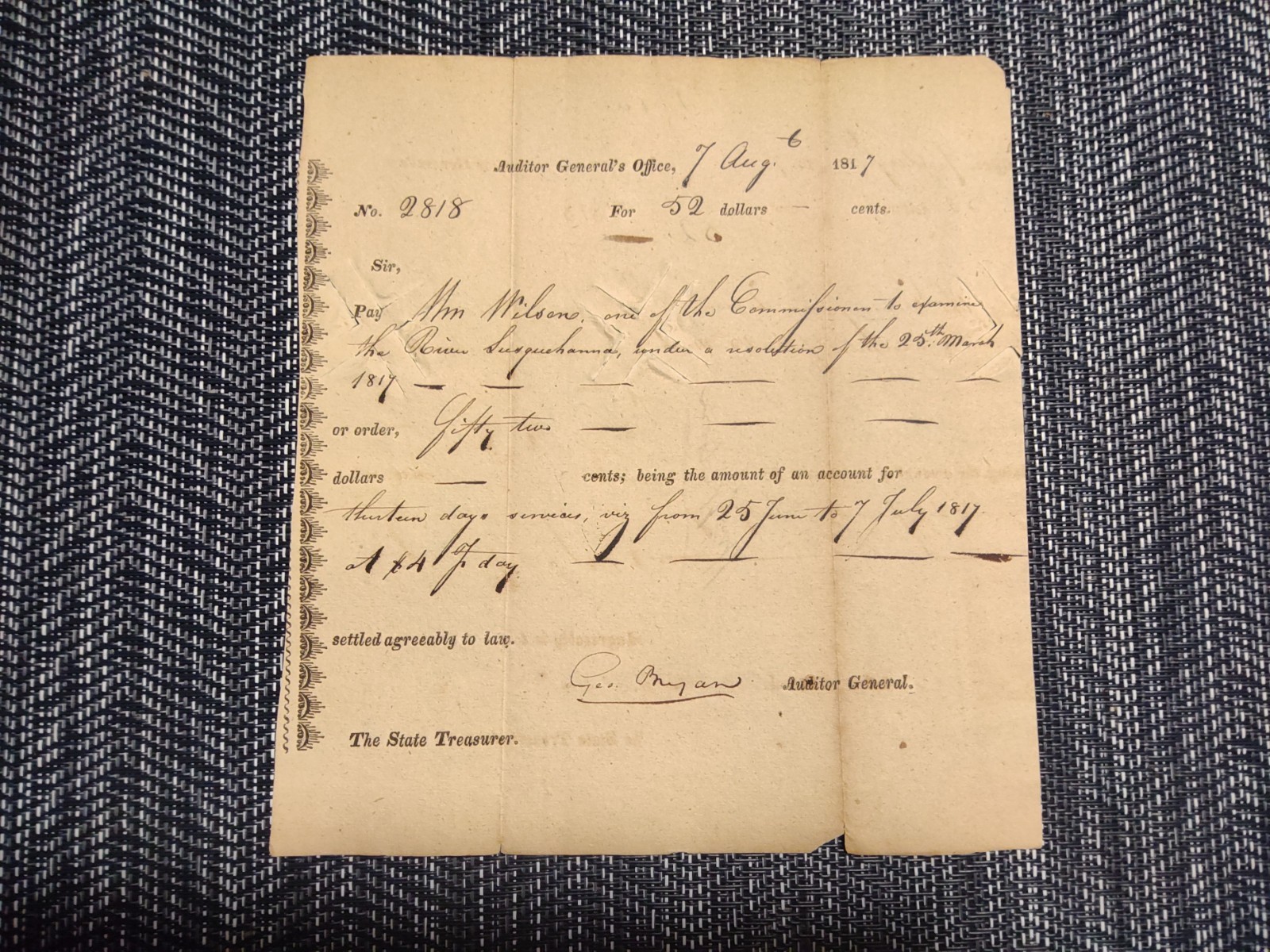 1817 Antique PA Auditor General Voucher Susquehanna River Exploration Document.
