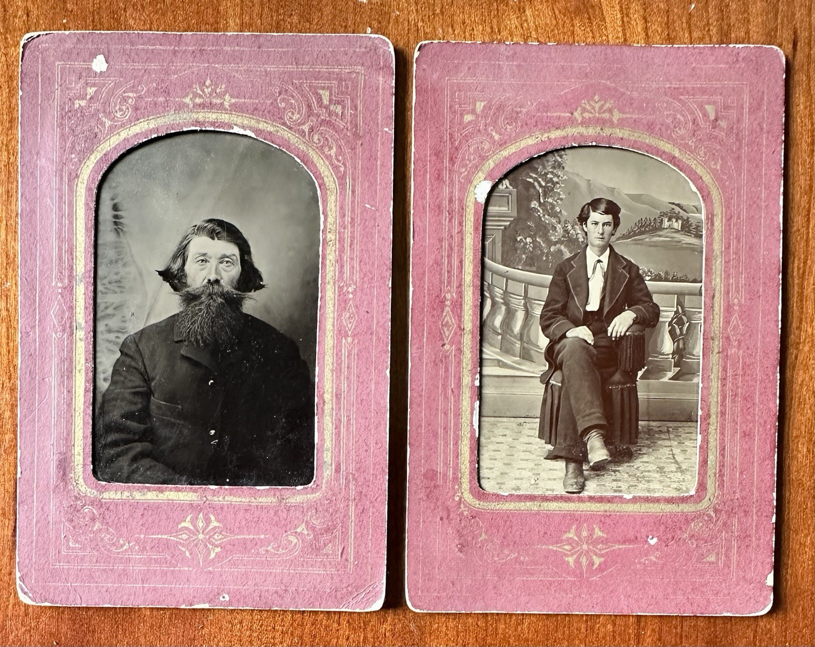Tintype Set of Man & Boy in Interesting Frames Father & Son? Carthage Illinois