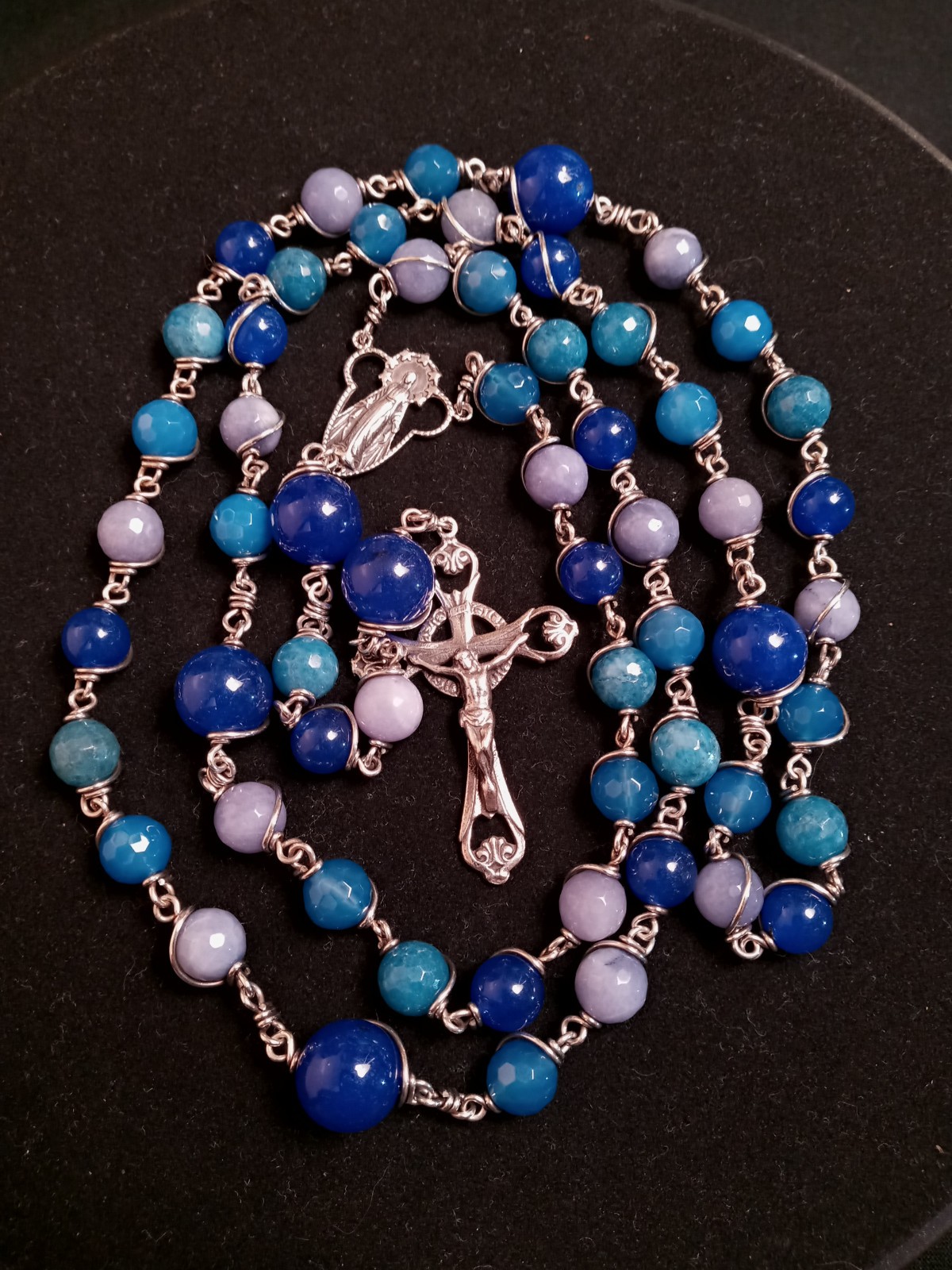 Genuine Sterling Silver Wire Wrap Blue Gray Aqua Quartz Opalite Handmade Rosary Genuine Sterling Silver Wire Wrap Blue Gray Aqua Quartz Opalite Handmade Rosary