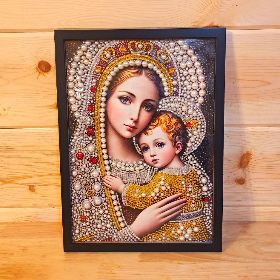 Diamond Art Pearl Christianity Virgin Mary & Child Framed Icon Wall Picture