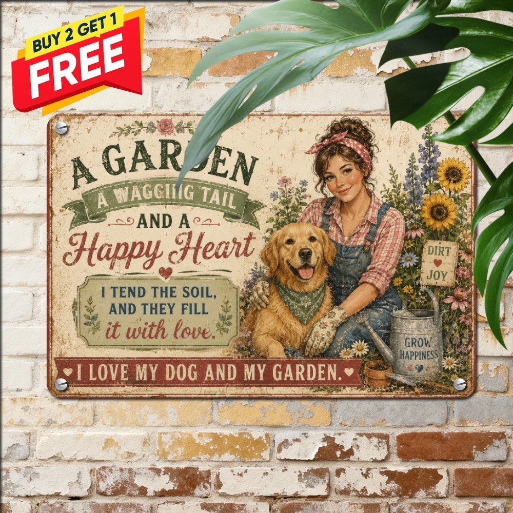 Garden Lover Dogs And Plants Tin Sign Cute Botanical Backyard Metal Plaque 8x12