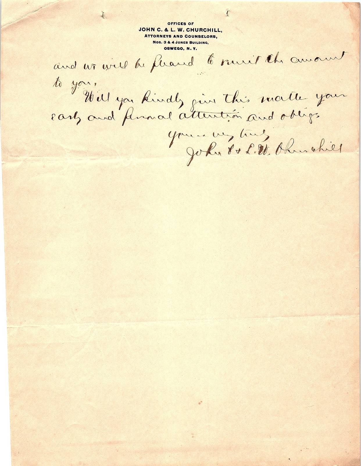 Vintage J.C. & L.W. Churchill Attorneys Oswego NY letter