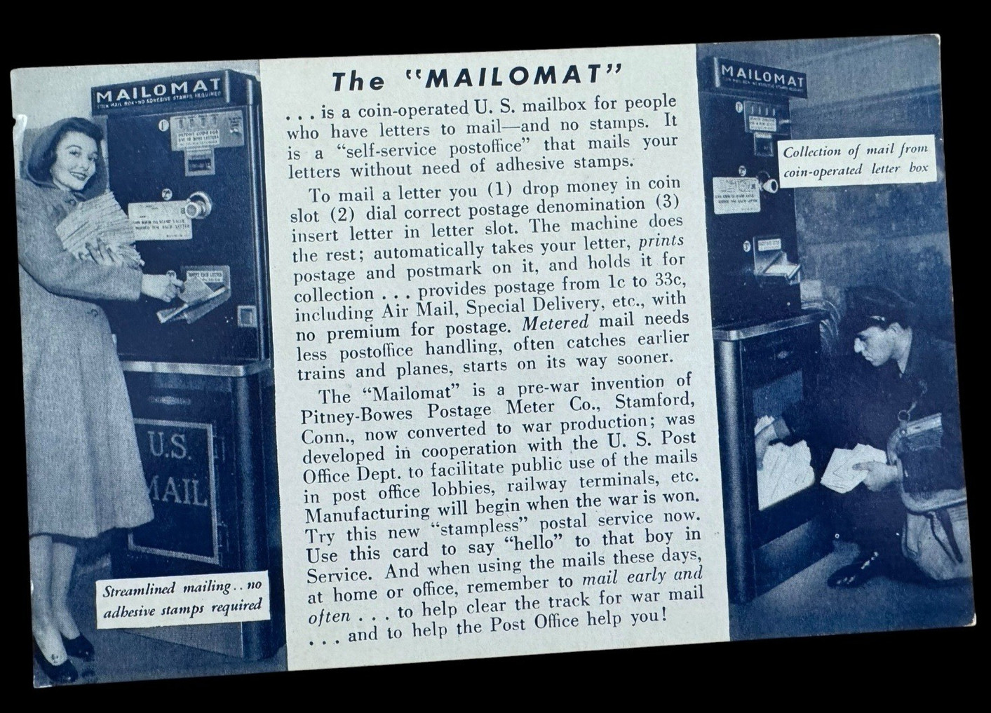Vintage Mailomat Pitney-Bowes Postage Meter Advertising Postcard WWII Era