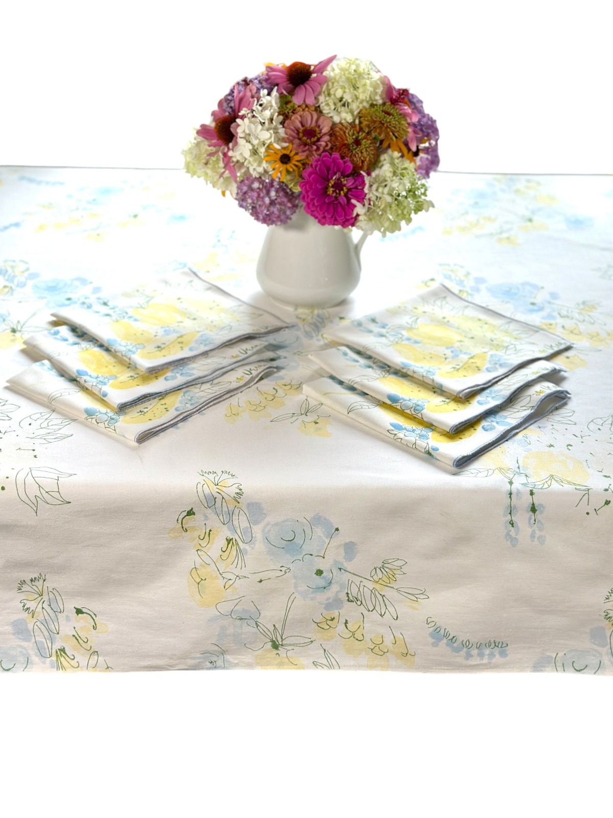 Vintage 1970s Vera Tablecloth & 6 Napkins Blue Yellow Green Floral Cotton 52x66 