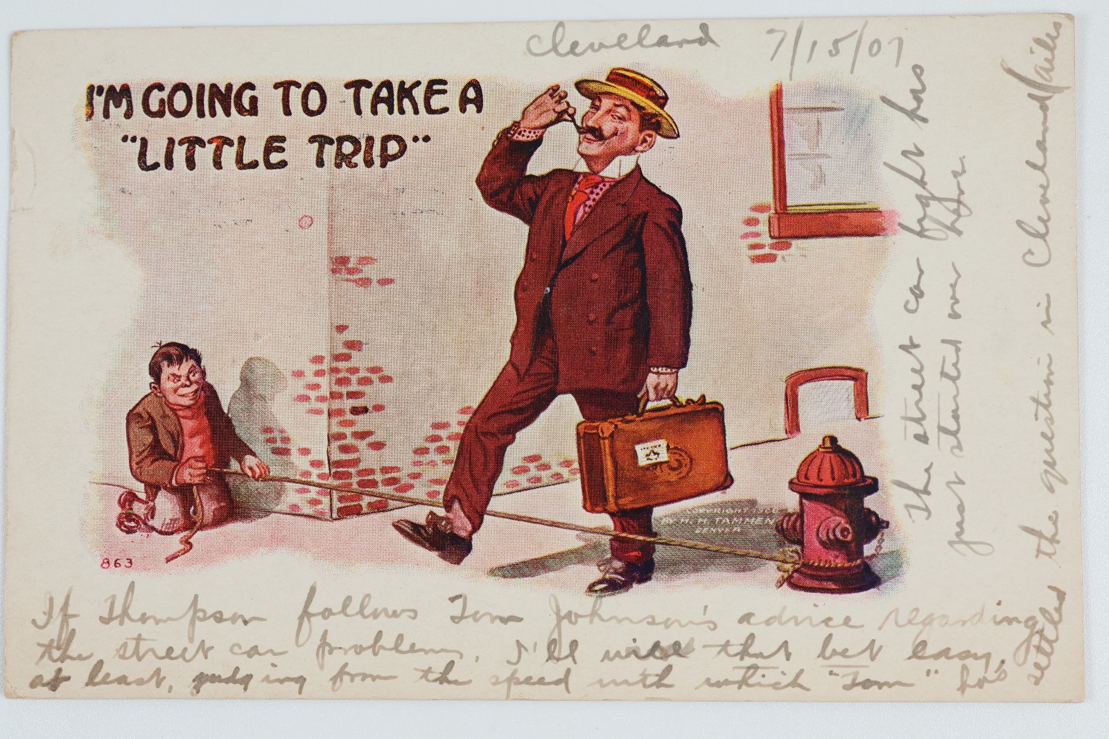 Vintage 1907 Comic Postcard I'm Going To Take A Little Trip Cleveland Streetcar