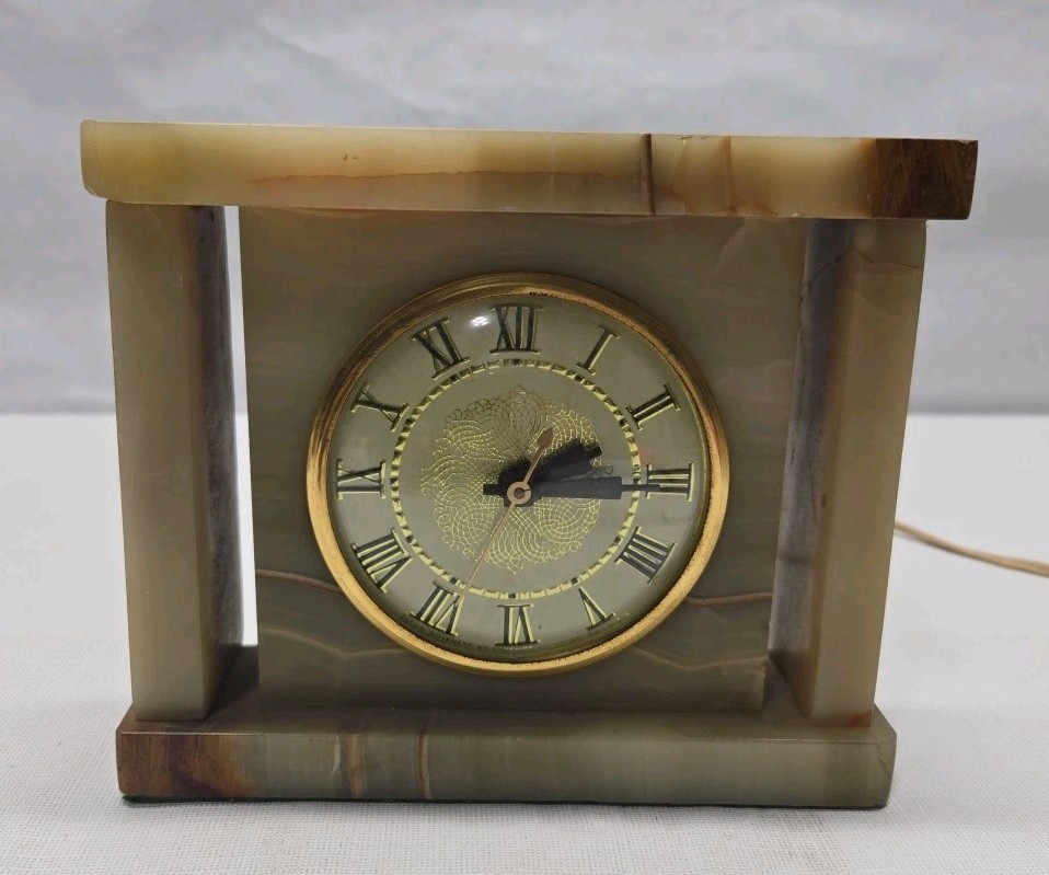 Vintage Mid Century Lanshire Movement Mantle Clock Marble Art Deco Style WORKING